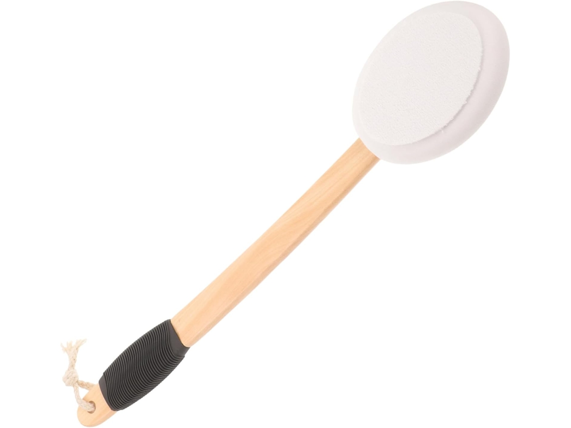 Escova Corporal Ergonômica De Madeira Baluue Com Cabo Longo E Curvo, Esponja Macia E Cordão Para Pendurar, Ideal Para