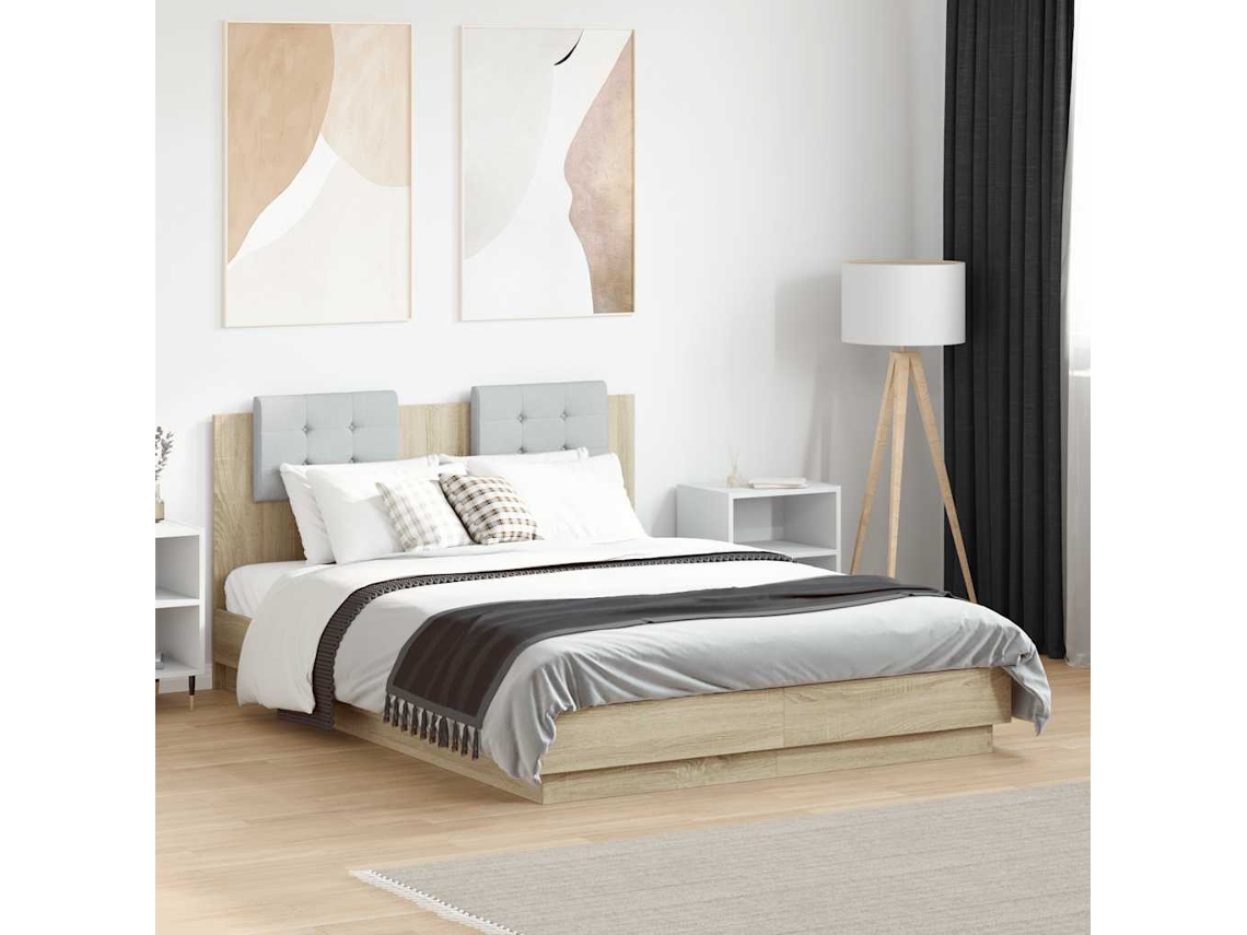 Vidaxl Estrutura Cama Cabeceira/luzes Led 120x190 Cm Carvalho Sonoma