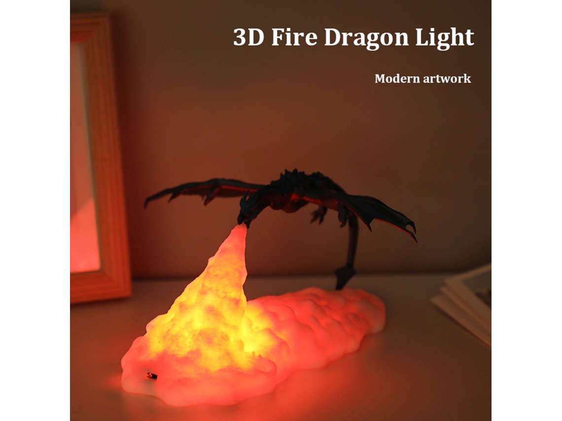 Lâmpada noturna de dragão de fogo 3D, recarregável, USB, decoração para lar, luz quente | S/MARCA