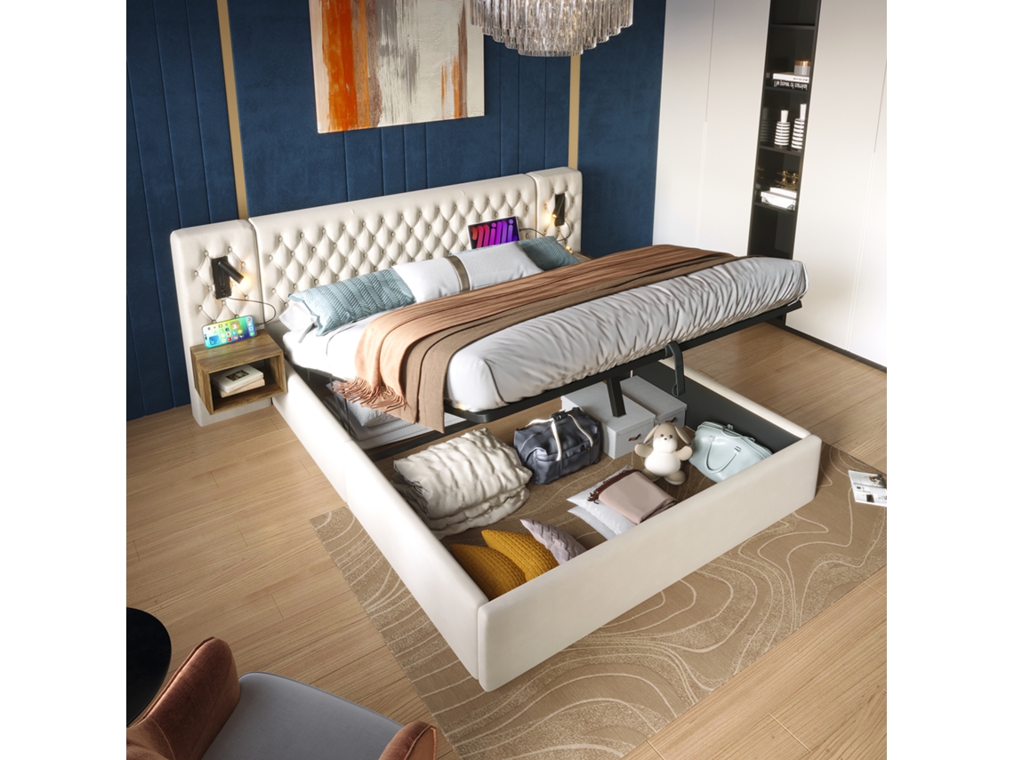 Conjunto Quarto 160x200 Veludo Bege com Arrumação