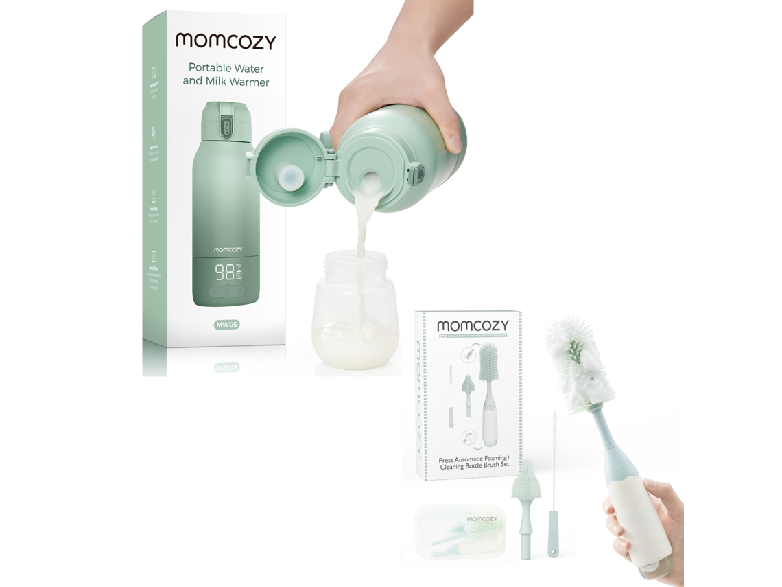 Aquecedor Biberões Portátil 500ml + Conjunto Escovas Biberões com Espuma Sob Pressão e Estojo Viagem MOMCOZY (2 Modos)