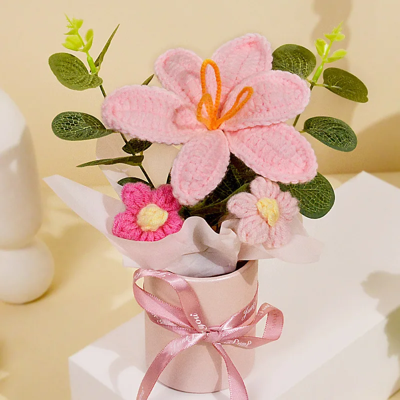 (rosa) 1 Peça De Buquê De Crochê Feito À Mão, Buquê Tricotado, O Presente Perfeito