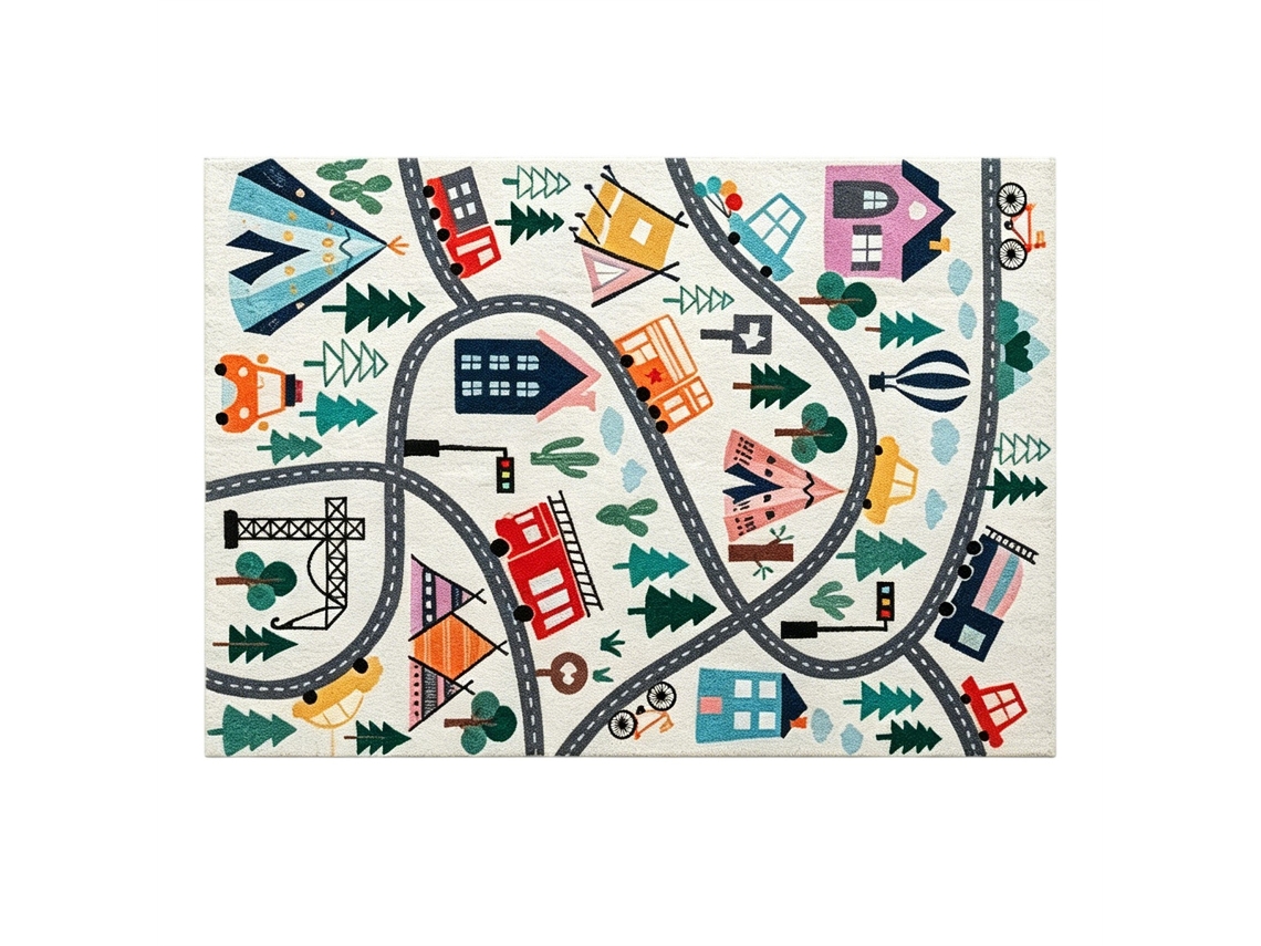 Tapete com Estampado de Autoestrada, Fundo Branco, Pelúcia Macia, Fácil de Cuidar, Cores Vibrantes. BAGOLY