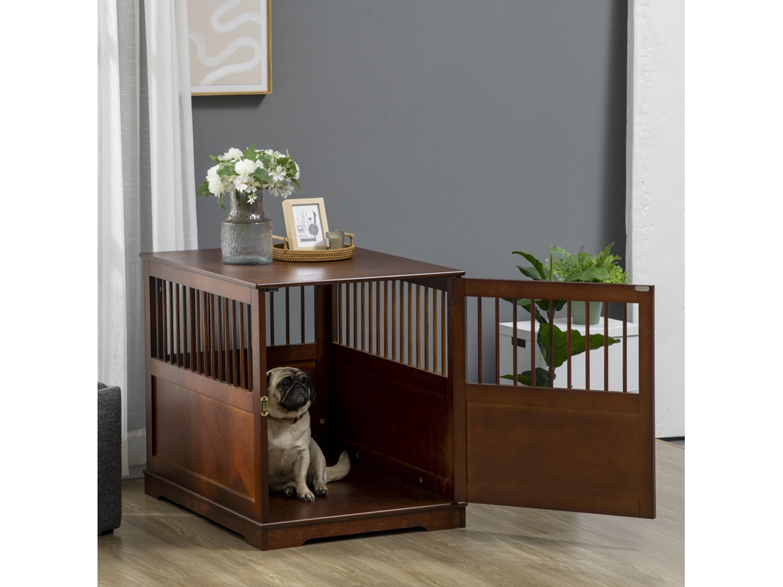 Porta para Cães com Cadeado e Suporte Elevado, Caixa de Transporte, 80,5x59,5x67,5 Cm, em Marrom