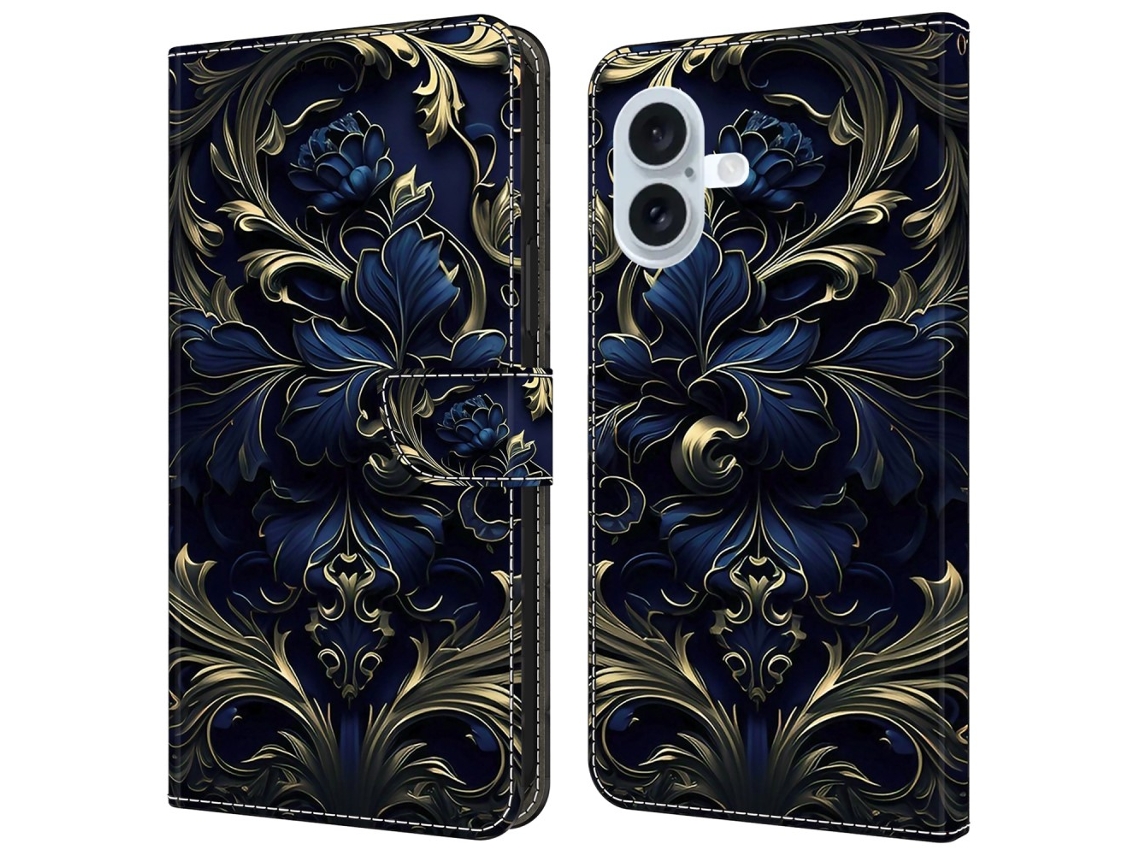 Capa Em Couro Pu Com Suporte Para Apple Iphone 16 - Flor Azul