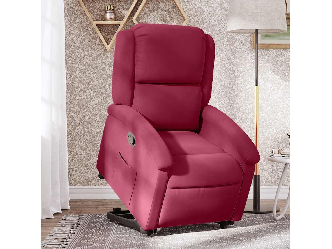 Vidaxl Poltrona Massagens Reclinável Elevatória Veludo Vermelho Tinto