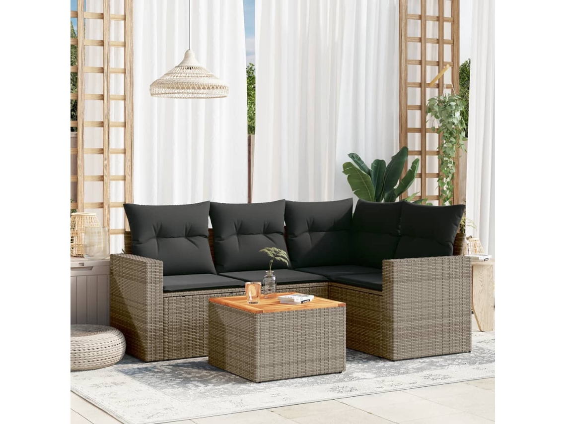 5 Pcs Conjunto Sofás De Jardim C/ Almofadões Vime Pe Cinza Dkd Home Decor