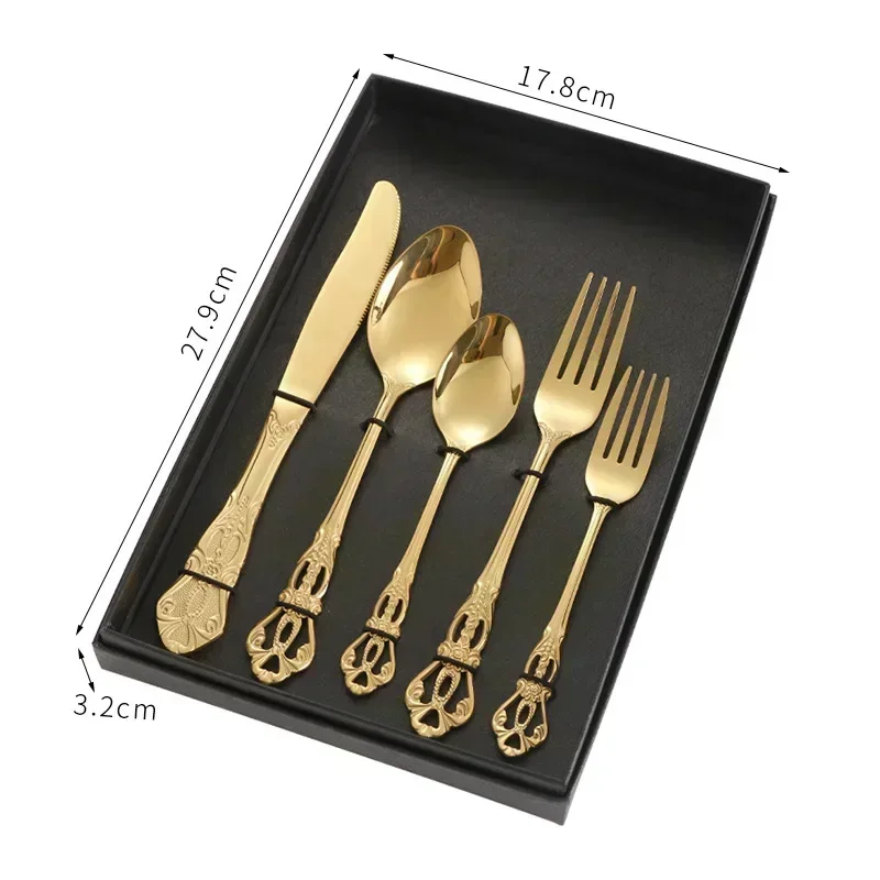 Conjunto de Talheres de Aço Inoxidável com Colher e Garfo Europeus Reais, Design Vintage, Lavável na Máquina de Lavar Louça MDUG (ouro, 5 Peças)