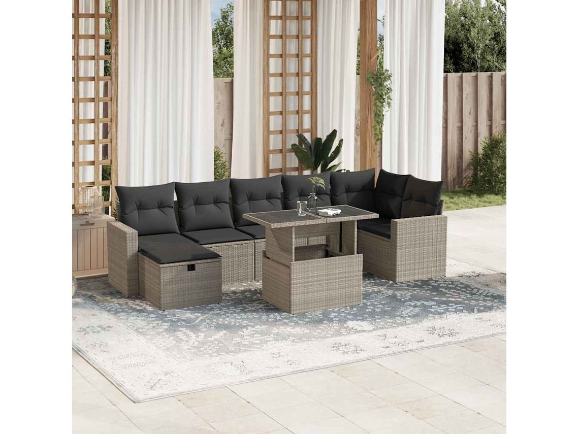 Vidaxl 8 Pcs Conj. Sofás Jardim C/ Almofadões Vime Pe Cinzento-claro