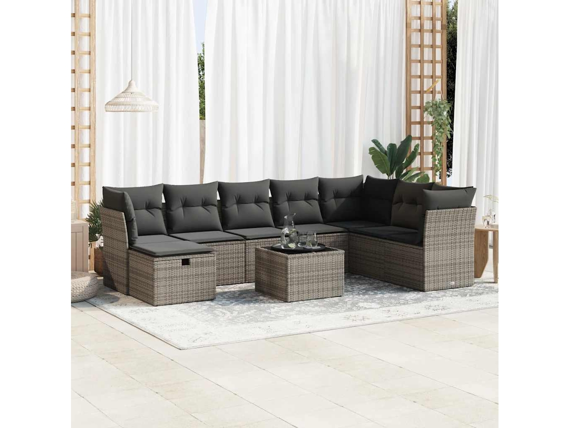 Vidaxl 9 Pcs Conjunto Sofás P/ Jardim Com Almofadões Vime Pe Cinzento