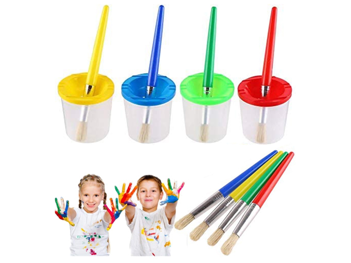 Primerox conjunto 4 Pincéis de Pintura e 4 Copos Sem Derramamento com Tampas para Crianças Iniciantes