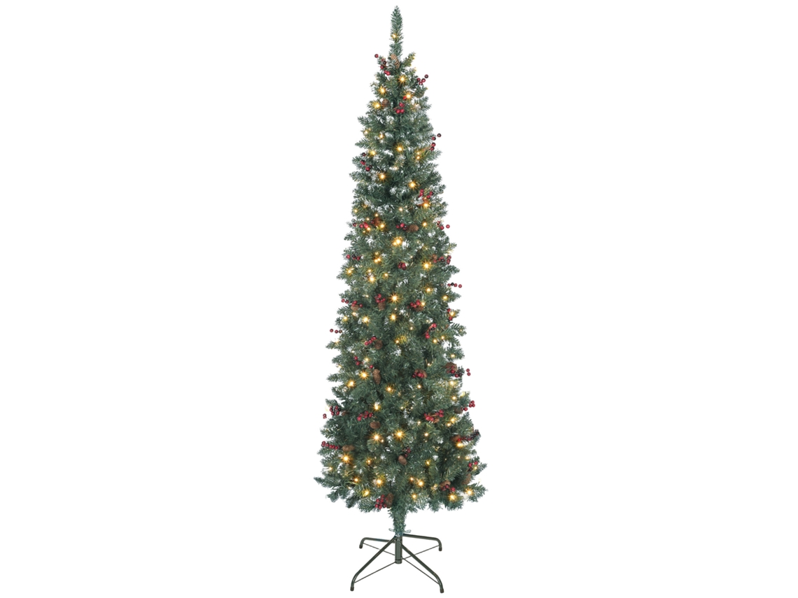 Árvore Natal Slim 210cm Led 8 Modos 656 Ramos Pinhas Bagas Verde