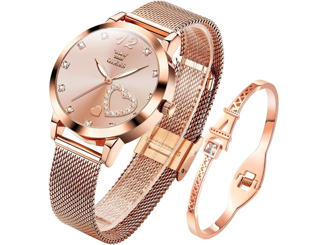 Lurelia Relógio Feminino, Movimento De Quartzo, Data/calendário, Detalhes Com Strass, Aço Inoxidável, Resistente À Água, Rosa Ouro