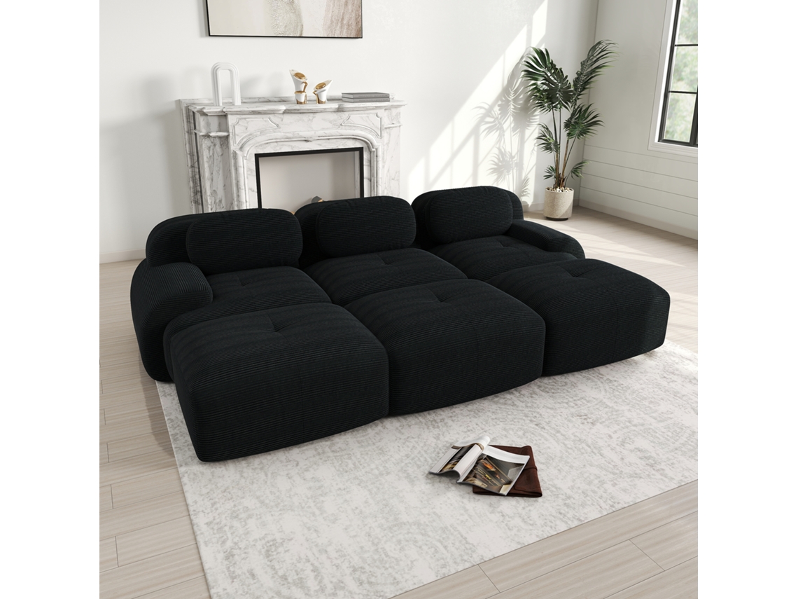 Sofá Modular De 3 Lugares Com 3 Pufes, Montagem Sem Ferramentas, Adequado Para Animais De Estimação, Braços Ultra Largos Preto Mobrio
