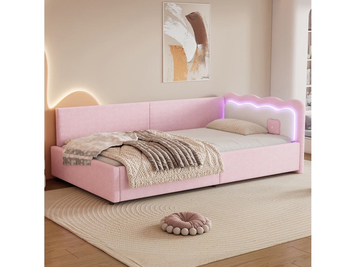 Sofá Cama Rosa 90x200 Cm Led Estrado Ripas Tecido Macio Colchão Não Incluído