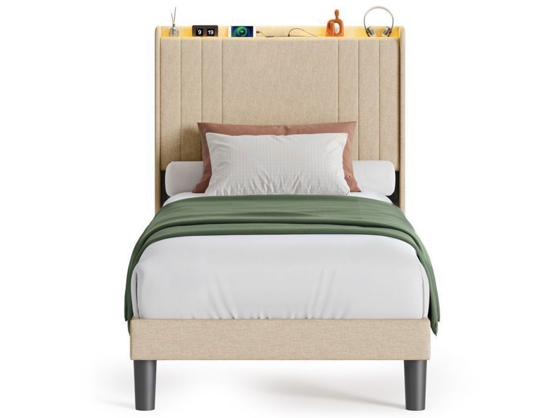 Estrutura de cama solteiro - 1 peça - metal e madeira - bege - LED e USB - 90 x 200 cm