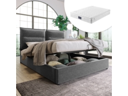 Cama De Casal Hidráulica Estofada 140x200cm, Cabeceira Ajustável, Veludo, Grande Espaço De Armazenamento, Cinza Com Colchão