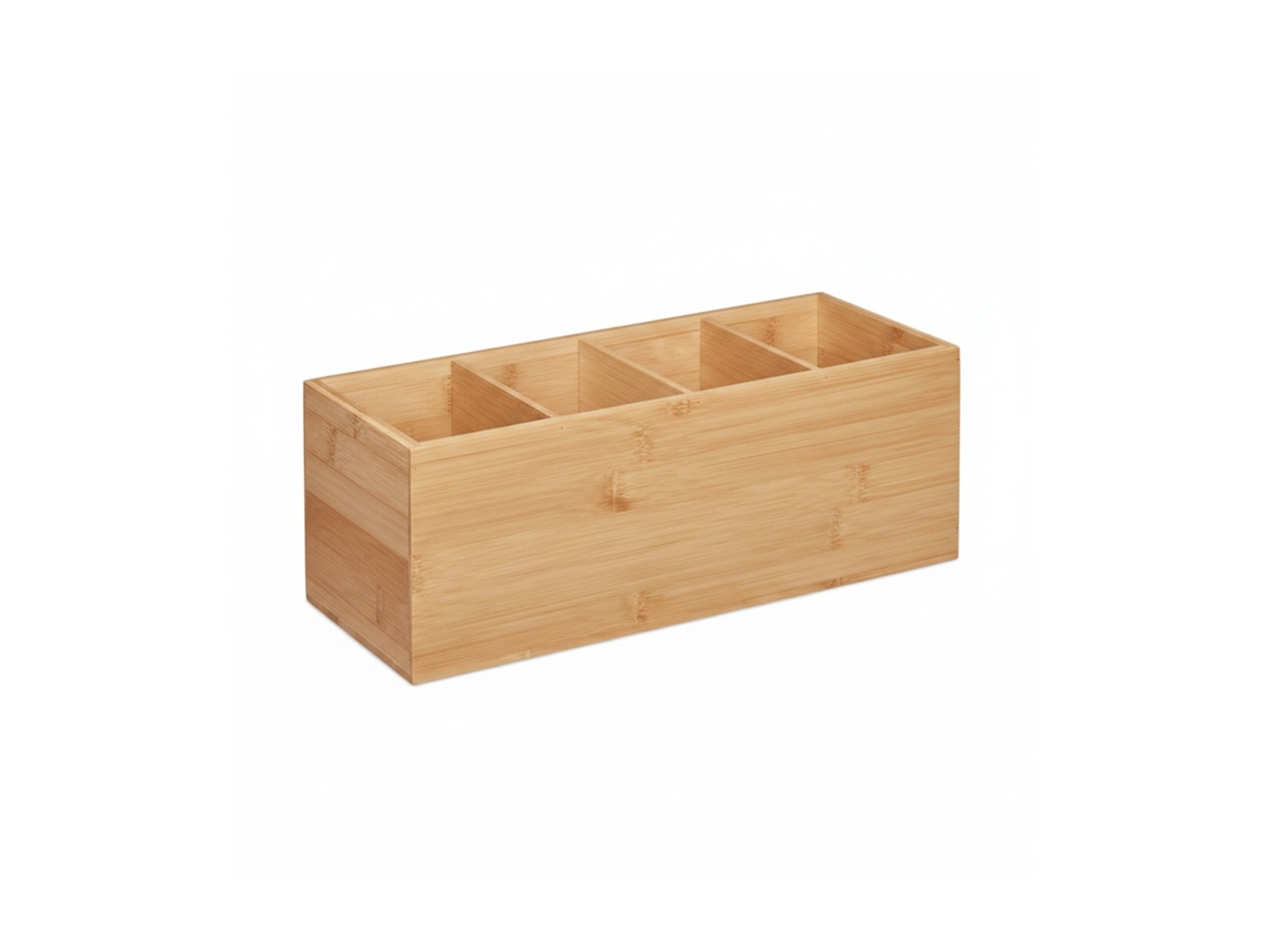 Caixa Organizadora Relaxdays, 4 Compartimentos, Bambu, Hbt 12 X 35 X 14 Cm, Escritório, Cozinha, Utensílios Naturais
