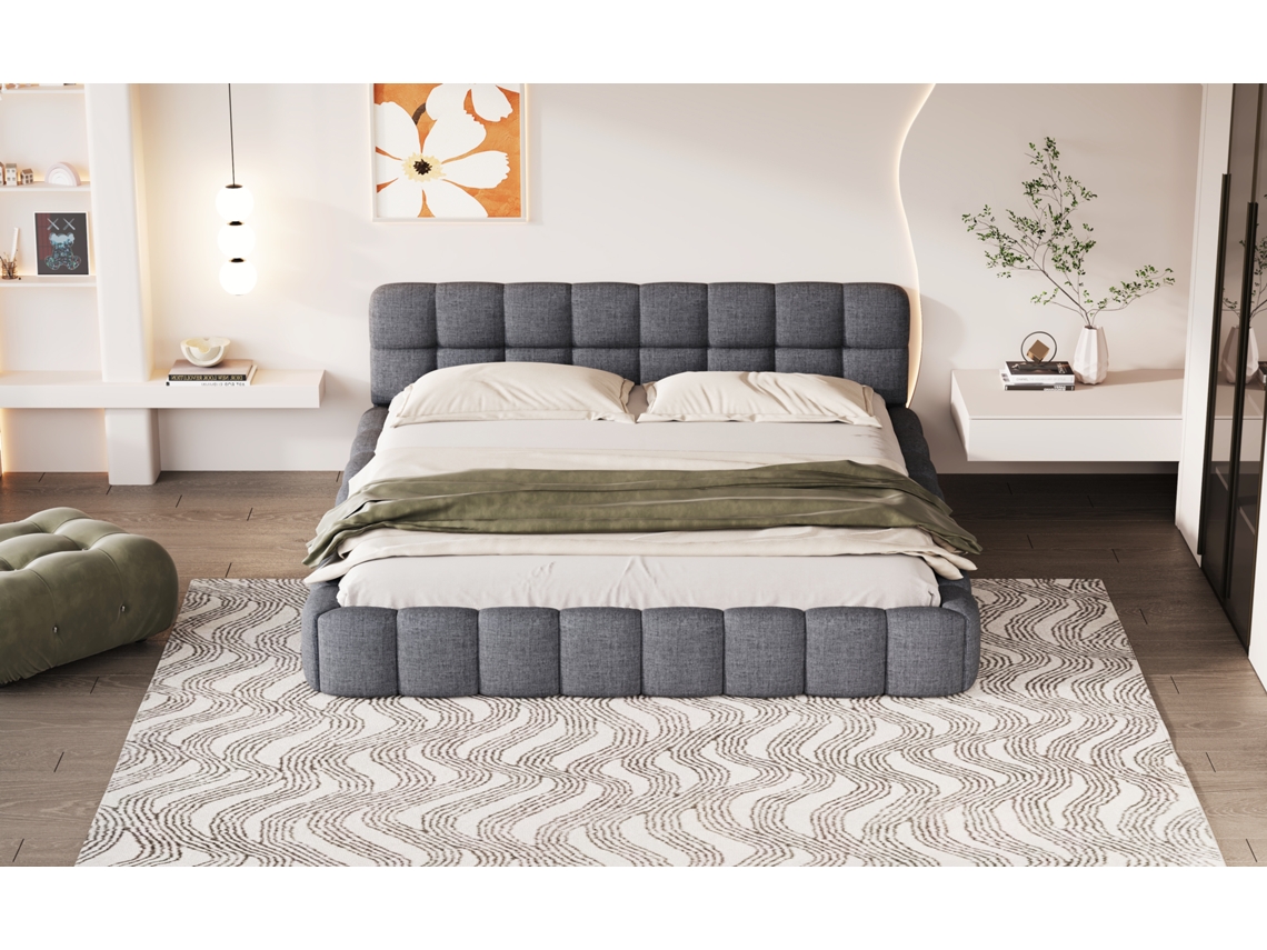 Cama Estofada 140 X 190 Cm, Cama Plana Com Encosto E Rebordo Almofadados, Estrutura De Ripas, Linho, Sem Colchão