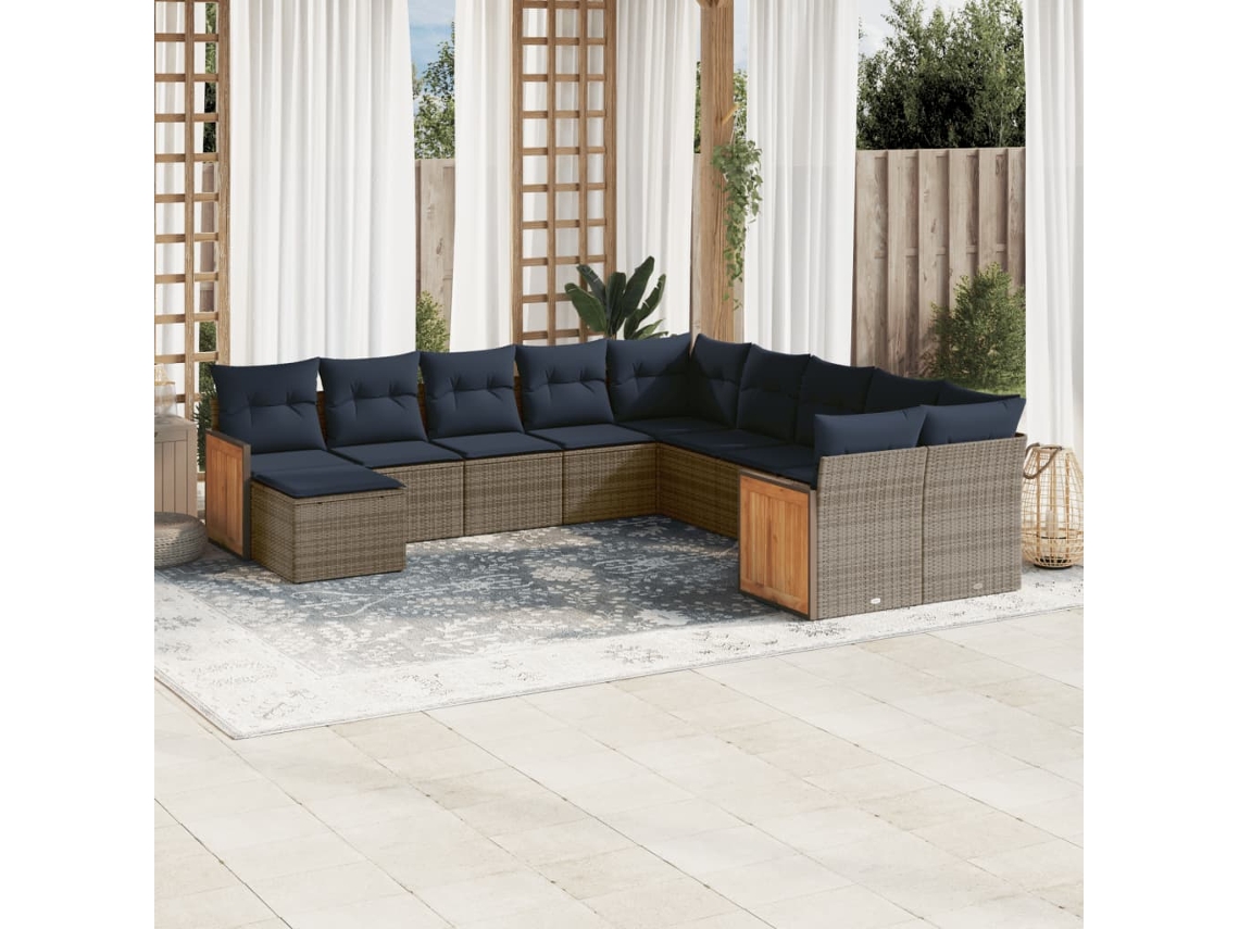 Conjunto de Sofá de Jardim de 3 Peças com Almofadas em Rattan Sintético Cinza VIDAXL