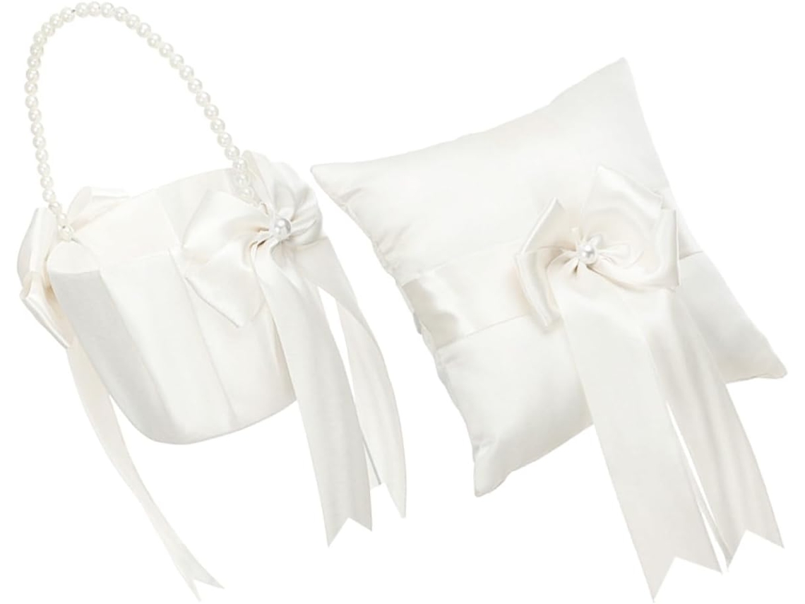 Conjunto de Almofada para Alianças e Cesta Flores Casamento, Confeccionado em Tecido. Resistente a CHABERLU