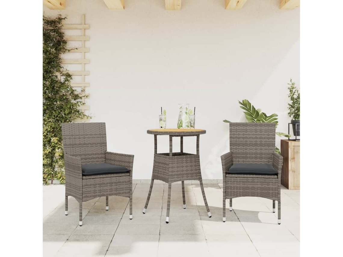 Vidaxl 3 Pcs Conjunto Jantar Jardim C/ Almofadões Vime Pe/acácia Cinza