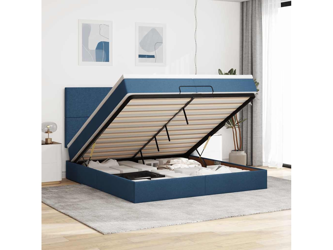 Vidaxl Estrutura De Cama Otomana Com Colchões 200x200cm Tecido Azul