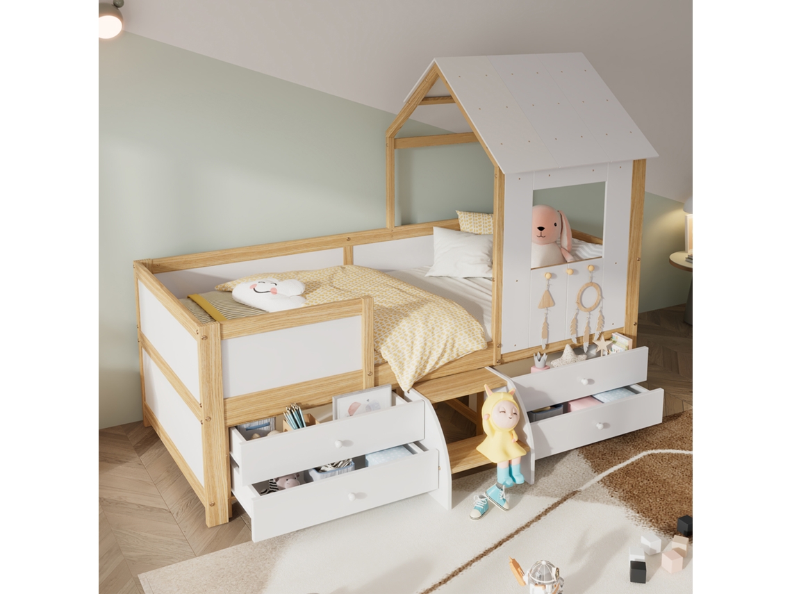 Cama Infantil Meia Altura Casinha 90x200 Cm Com Telhado, Janela, Proteção 4 Lados, 4 Gavetas E Escada Branca/natural