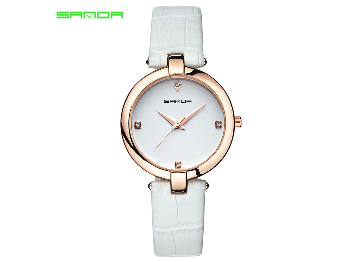 Relógio de Pulso Feminino Analógico de Quartzo com Strass e Cinta de Couro Branco