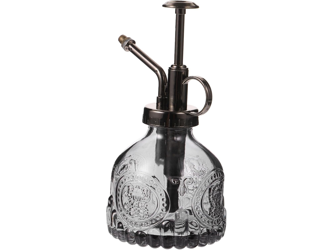 Regadera vintage de vidrio transparente para plantas con bomba de precisión, pulverizador de agua reutilizable.