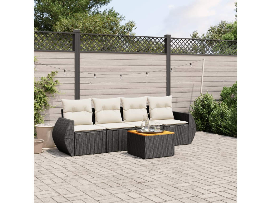 Vidaxl 5 Pcs Conjunto Sofás De Jardim Com Almofadões Vime Pe Preto