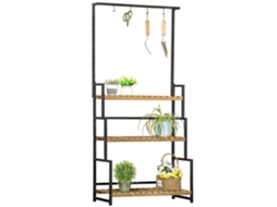 Suporte de Madeira para Plantas Suspensas com 3 Níveis + Barra de Suporte com 4 Ganchos para Pendurar Vasos, 80 X 36 X 174 Cm CHEZMOI