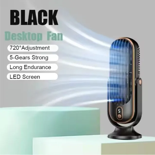 (preto) Ventilador de mesa portátil, recarregável via USB, adequado para uso em carro e casa, motor sem escovas, ventilador pequeno
