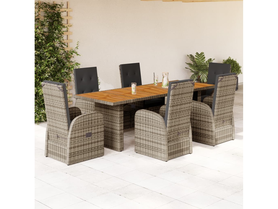7 Pcs Jogo De Jantar P/ Jardim C/ Almofadões Vime Pe Cinza Dkd Home Decor
