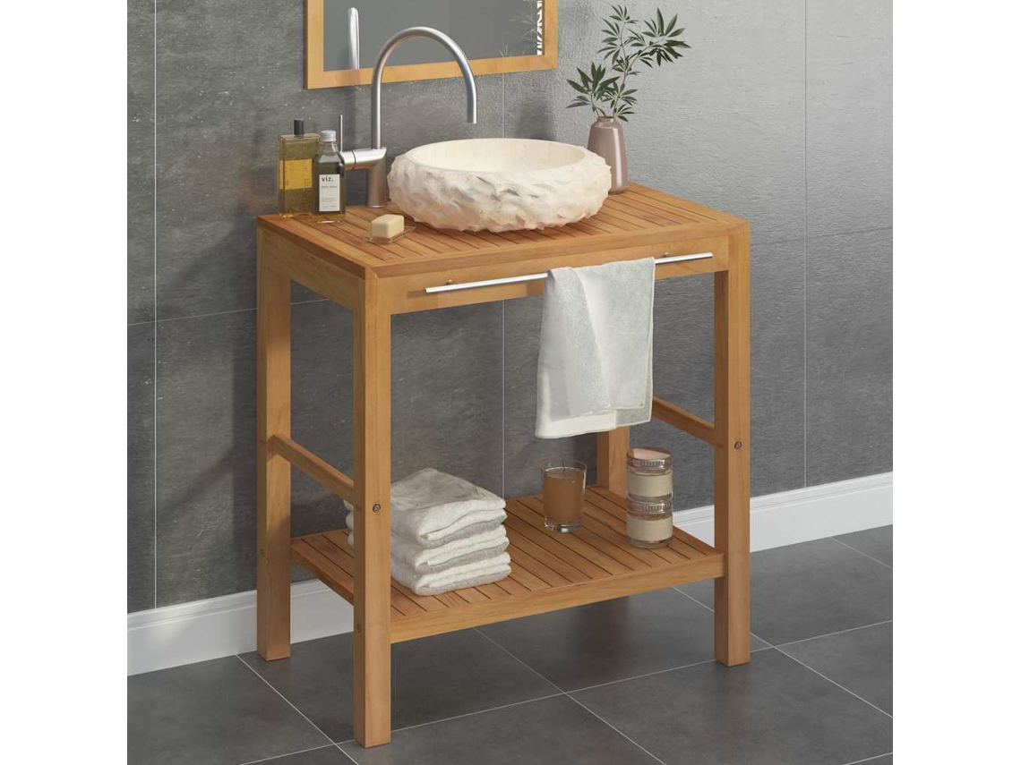 Vidaxl Armário Casa De Banho Teca Maciça + Lavatório Mármore Cor Creme
