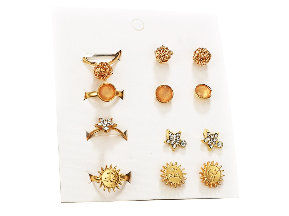 Brincos E Anel Conjunto Forma De Sol Com Strass
