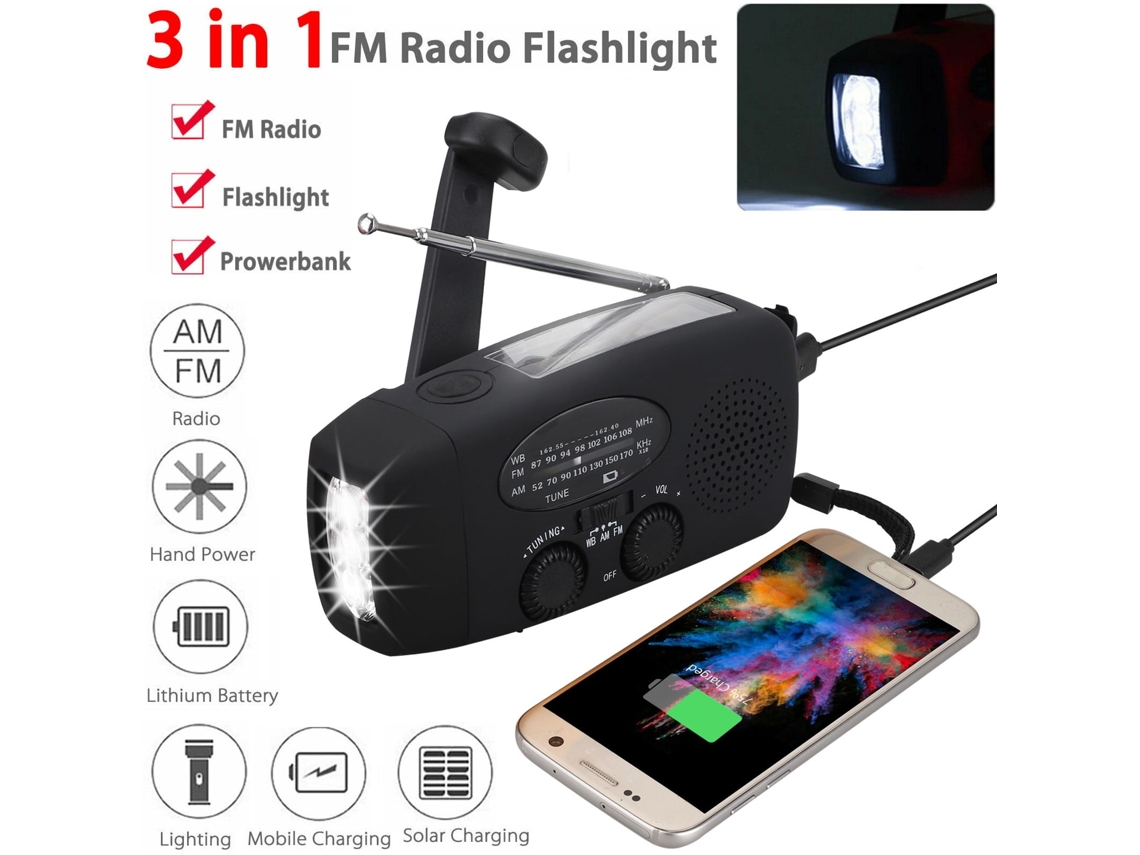 Rádio com célula solar AQUAFORGE, lanterna, bateria externa 2000mah para emergências SOS