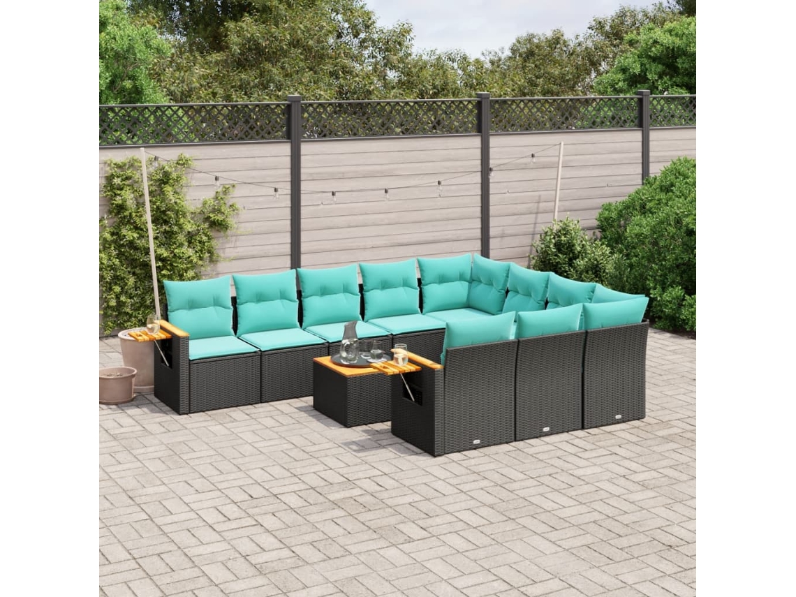 Vidaxl 11 Pcs Conjunto Sofás de Jardim C/ Almofadões Vime Pe Preto