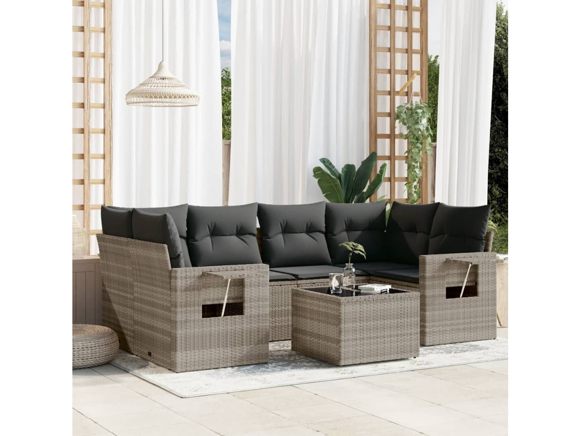 Vidaxl 7 Pcs Conj. Sofás Jardim Com Almofadões Vime Pe Cinzento-claro