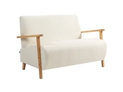 Sofá 2 Lugares Borreguito Acolchoado Pés Madeira Creme