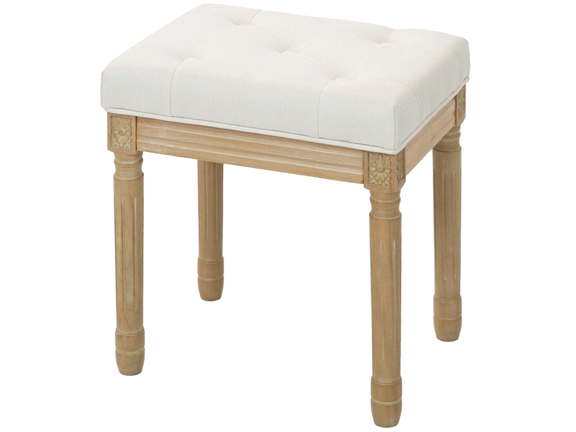 Puff de Linho, Banco Estofado, Assento com Pernas de Madeira, 42x32x46,5 cm, Bege S/MARCA