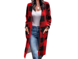 Abrigo De Quadros Para Mulher De Manga Comprida, Casual E Elegante Com Ombros Caídos E Bolsos, Tamanho L, Vermelho