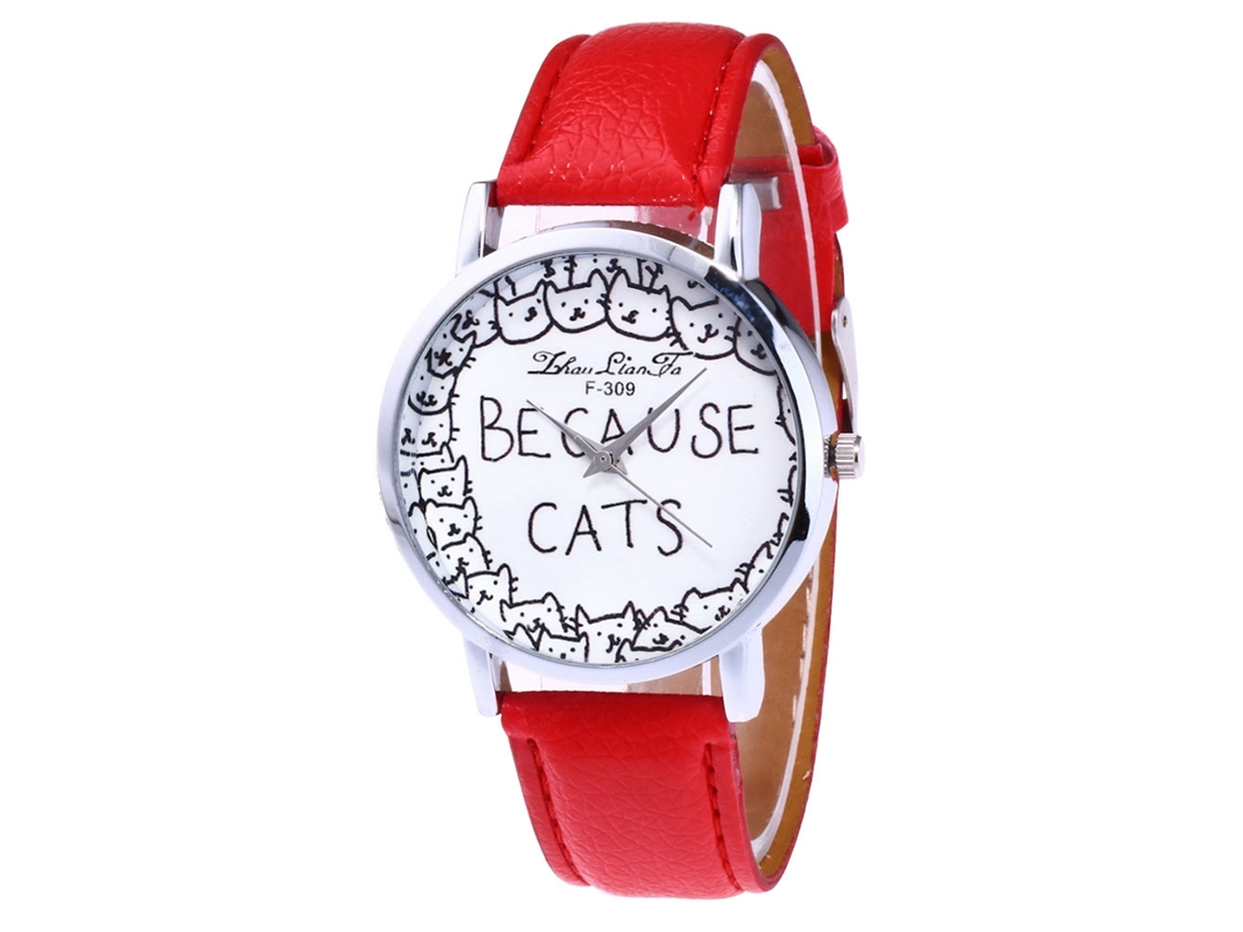 Relógio de quartzo com pulseira de couro PU, mostrador redondo, moderno, para mulheres (vermelho)