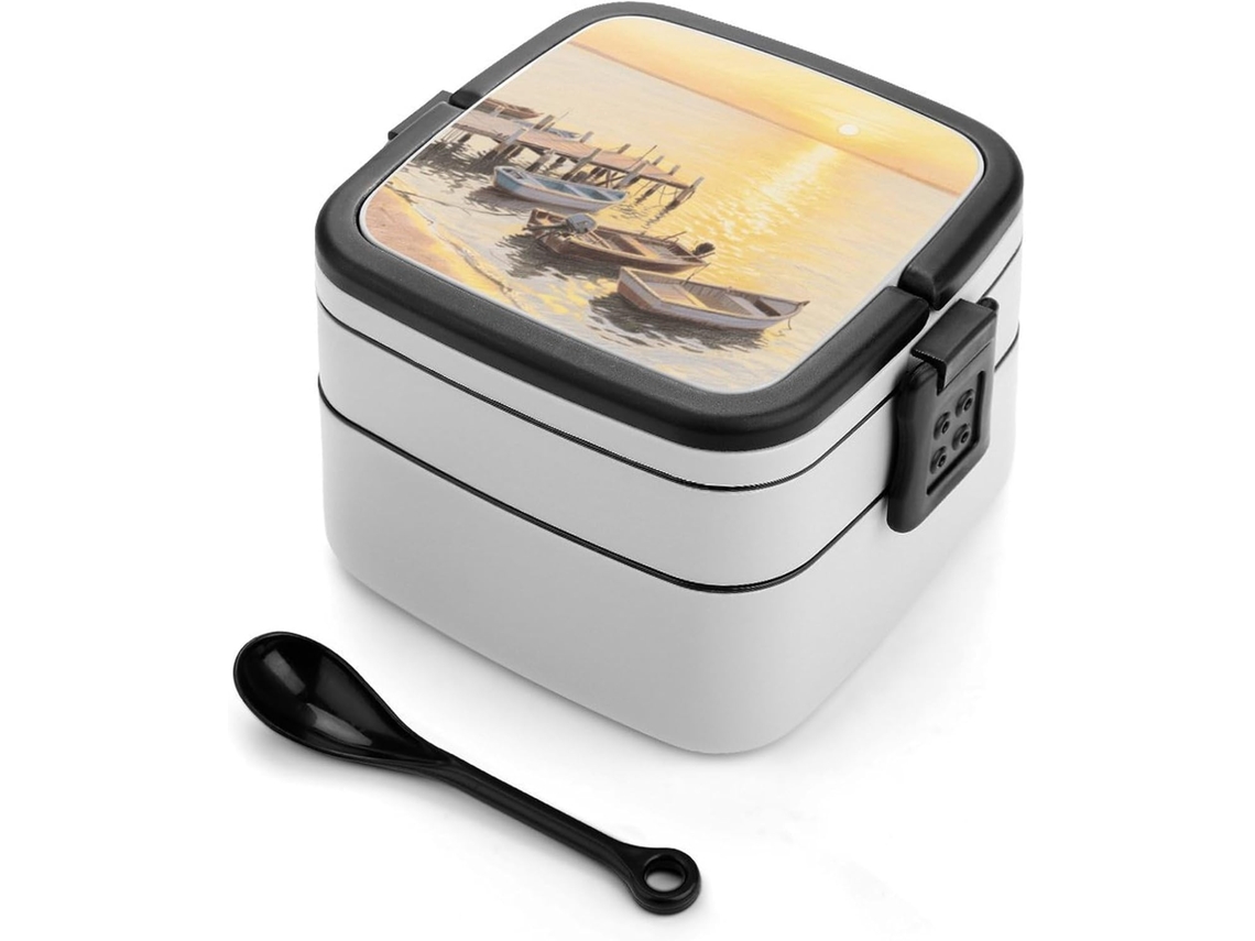 Marmita Bento Seaside Pier De Camada Dupla Para Adultos Com Colher E Alça, Marmitas Bento À Prova De Vazamentos, Marmita