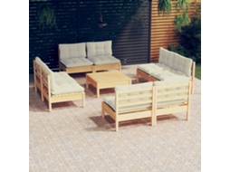 Vidaxl 9 Pcs Conjunto Lounge Jardim C/ Almofadões Cor Creme Pinho
