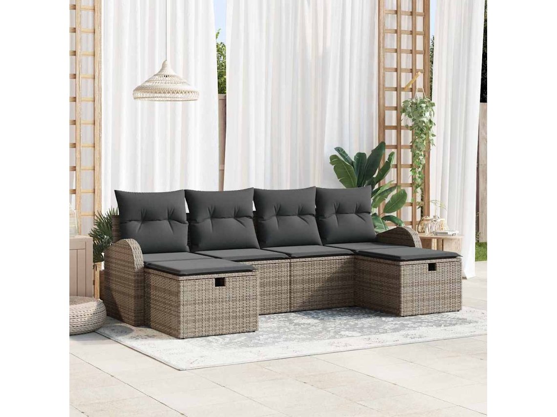 Vidaxl Conjunto De Sofás Com Almofada Manual 6 Pcs Cinzeto Vime Pe