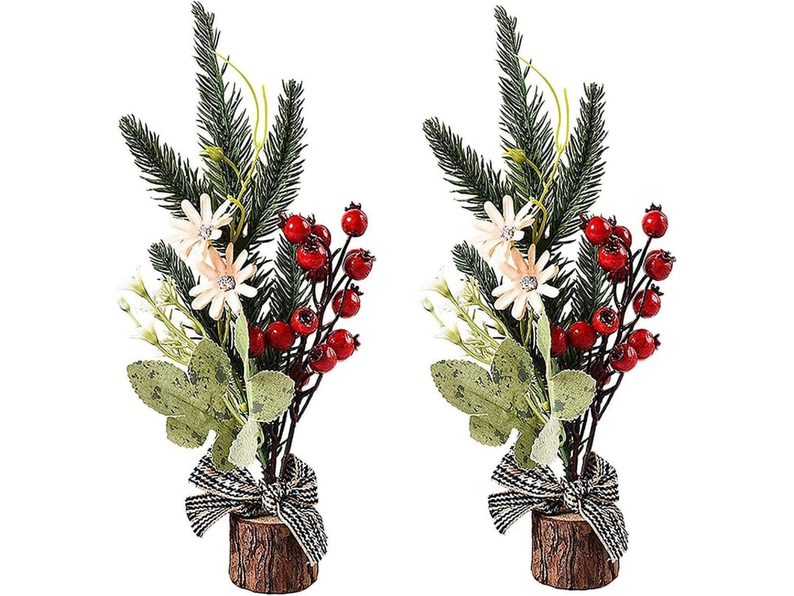 Conjunto De 2 Pequenas Árvores De Natal Artificiais 9,5 Polegadas Com Base De Madeira E Flor Artesanato Decoração Para Casa A2