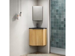 Móvel De Banheiro Suspenso Canto 38 Cm Com Pia Resina Preta, Porta, Madeira Natural