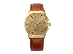Relógio de pulso casual com numerais romanos, pulseira de couro PU, dourado moderno
