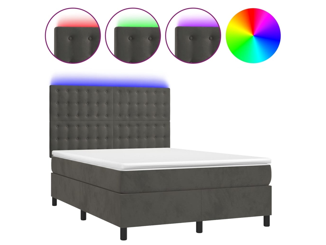Cama Box Spring com Colchão LED Veludo Cinzento Escuro MAISON EXCLUSIVE (140x200 cm)